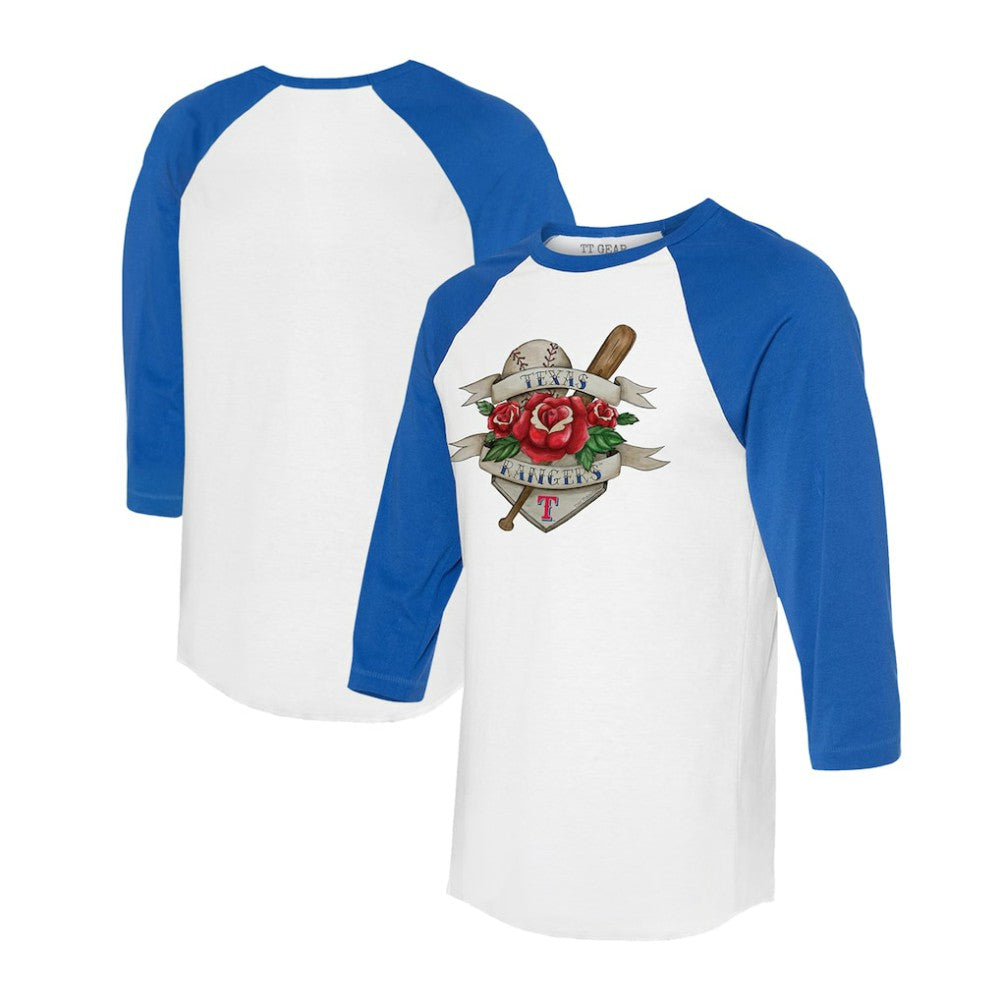 Texas Rangers Tiny Turnip Unisex Tattoo Rose 3/4-Sleeve Raglan T-Shirt - White/Royal T-shirts