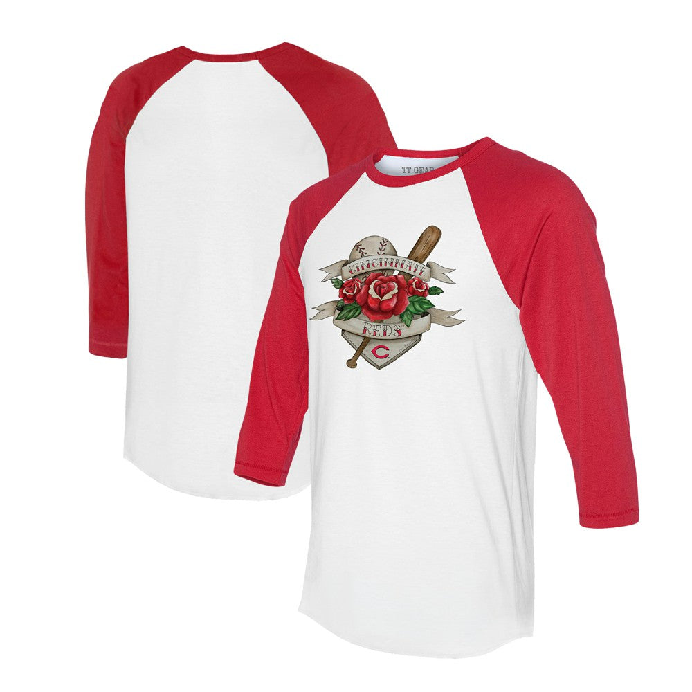 Cincinnati Reds Tiny Turnip Unisex Tattoo Rose 3/4-Sleeve Raglan T-Shirt - White/Red T-shirts