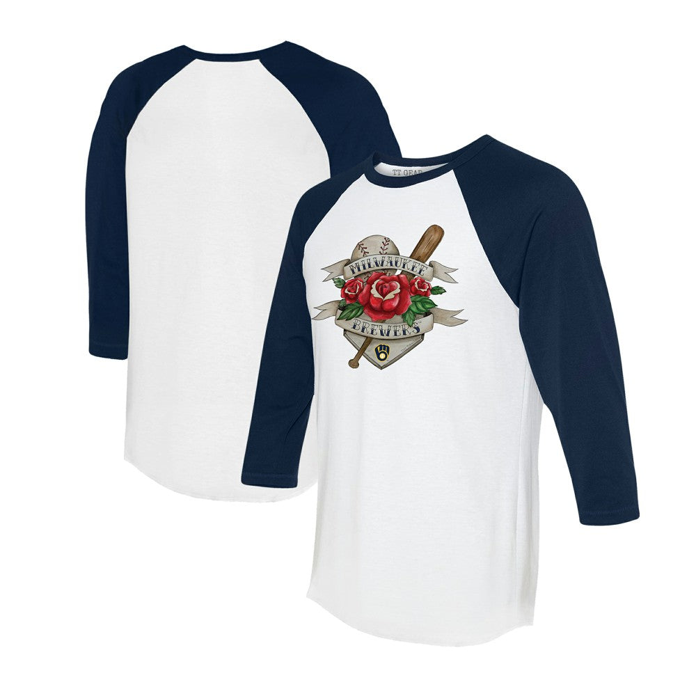 Milwaukee Brewers Tiny Turnip Unisex Tattoo Rose 3/4-Sleeve Raglan T-Shirt - White/Navy T-shirts