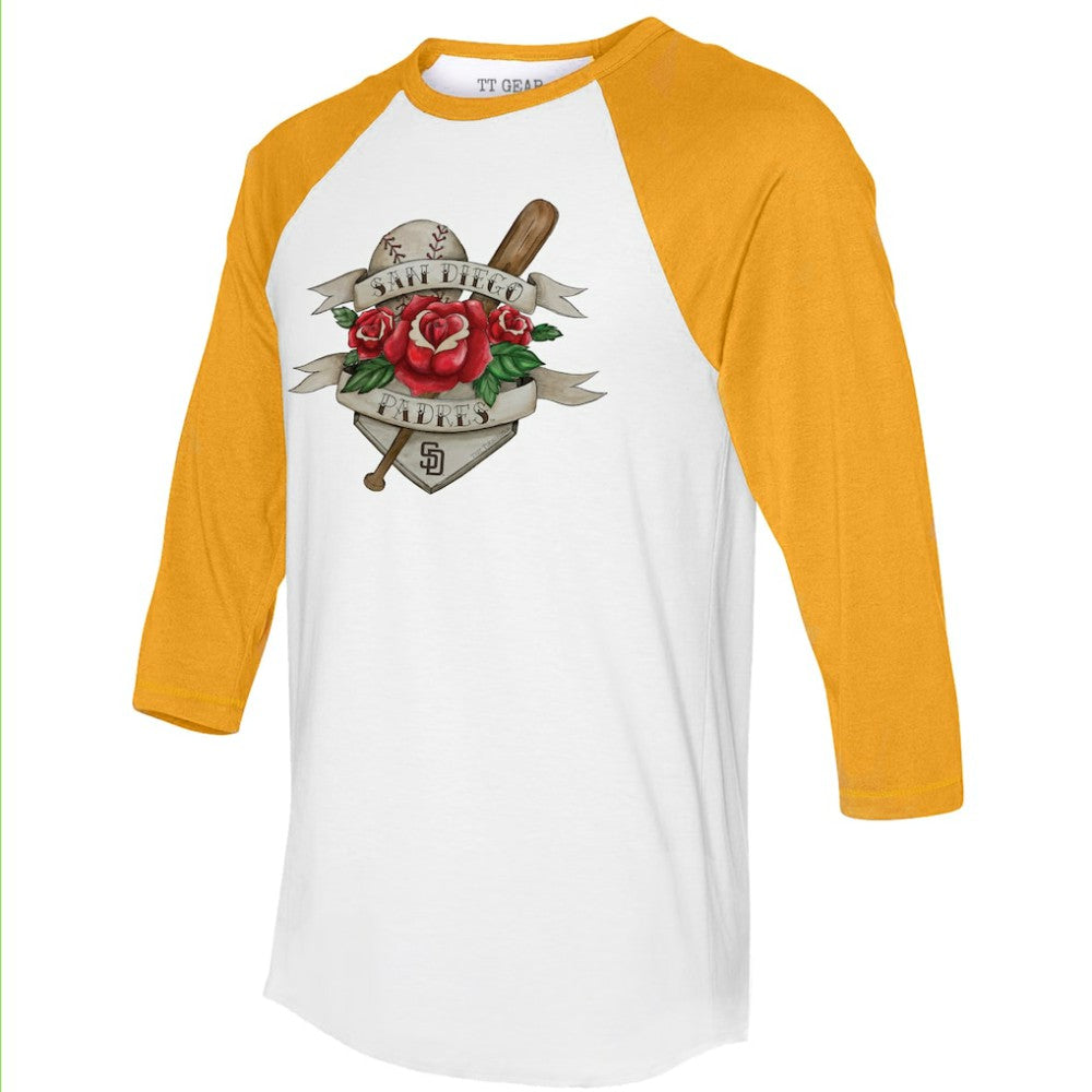 San Diego Padres Tiny Turnip Unisex Tattoo Rose 3/4-Sleeve Raglan T-Shirt - White/Gold T-shirts