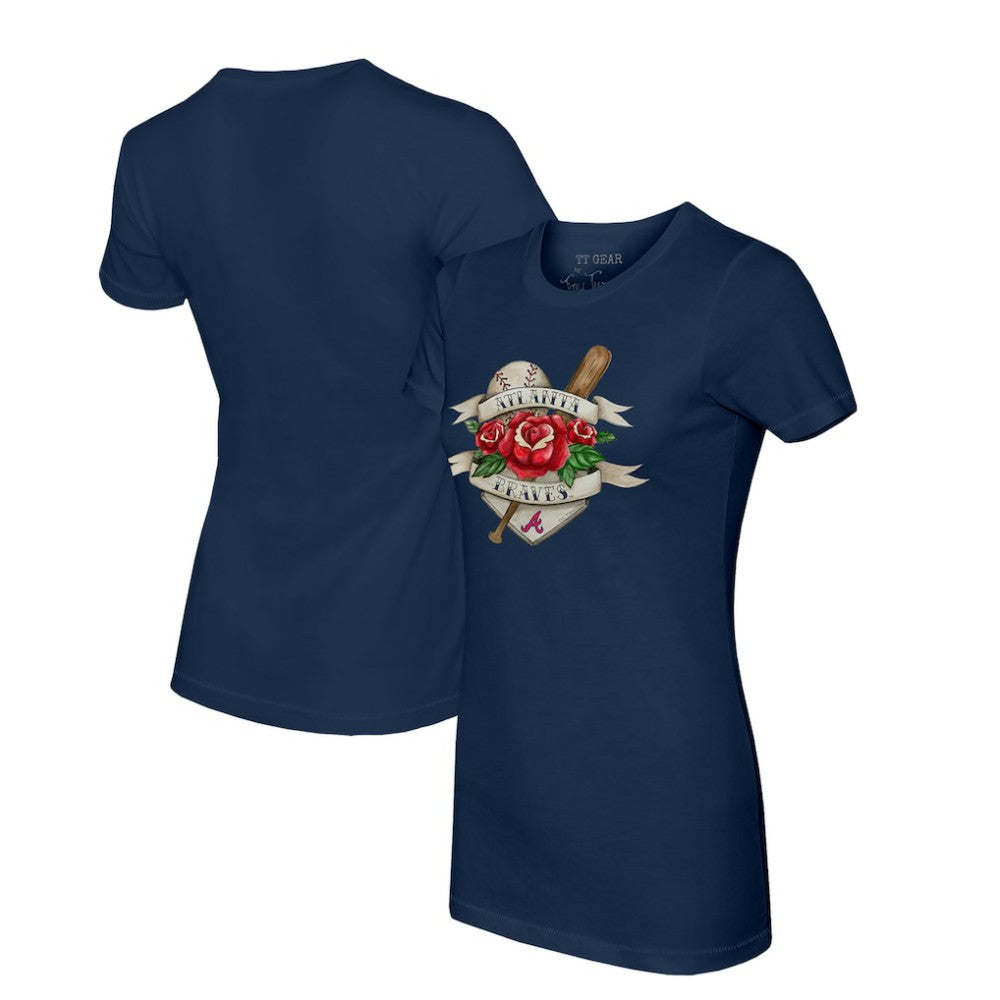 Atlanta Braves Tiny Turnip Women's Tattoo Rose T-Shirt - Navy T-shirts