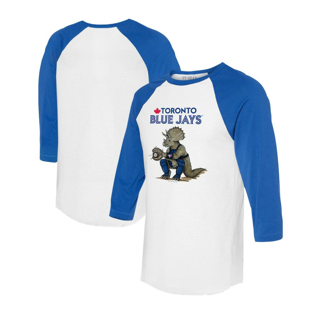 Toronto Blue Jays Tiny Turnip Unisex Triceratops 3/4-Sleeve Raglan T-Shirt - White/Royal T-shirts