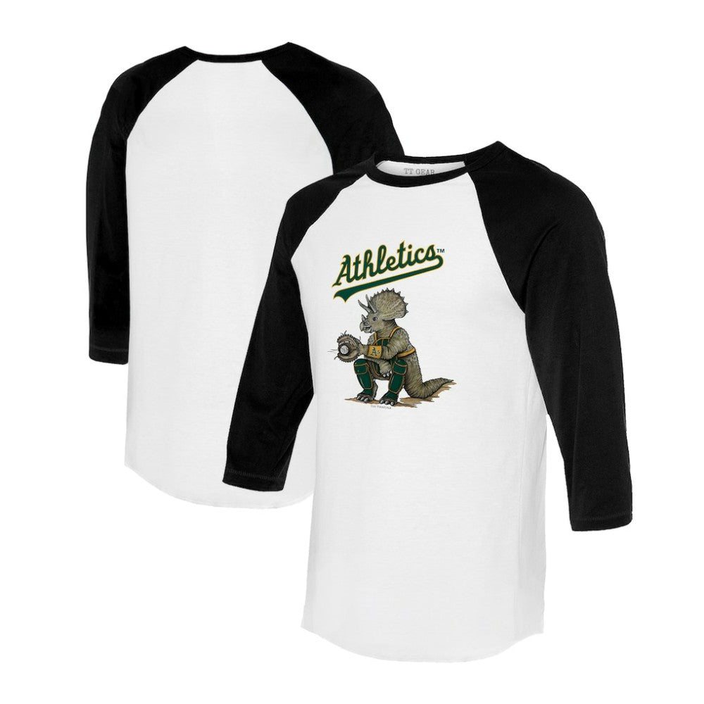 Athletics Tiny Turnip Unisex Triceratops 3/4-Sleeve Raglan T-Shirt - White/Black T-shirts