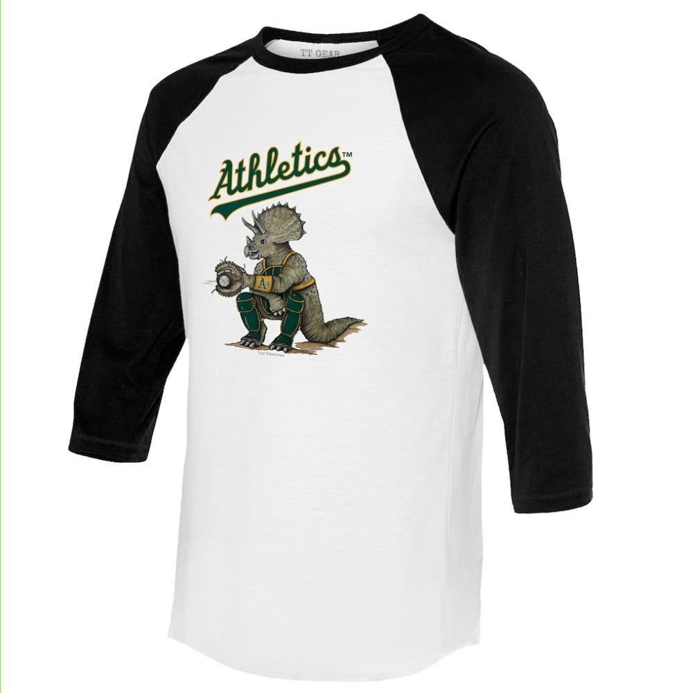 Athletics Tiny Turnip Unisex Triceratops 3/4-Sleeve Raglan T-Shirt - White/Black T-shirts