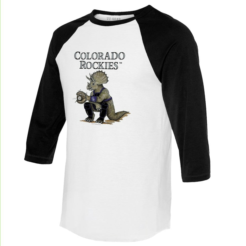 Colorado Rockies Tiny Turnip Unisex Triceratops 3/4-Sleeve Raglan T-Shirt - White/Black T-shirts