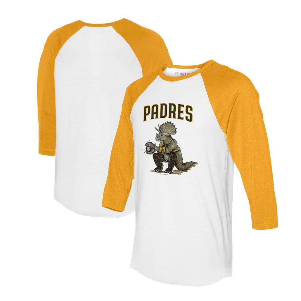 San Diego Padres Tiny Turnip Unisex Triceratops 3/4-Sleeve Raglan T-Shirt - White/Gold T-shirts