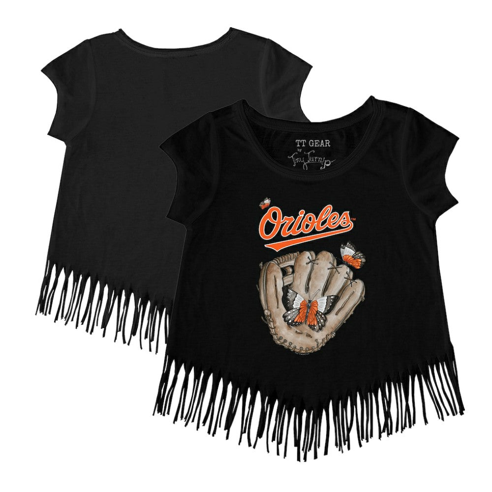 Baltimore Orioles Tiny Turnip Girls Youth Butterfly Glove Fringe T-Shirt - Black T-shirts