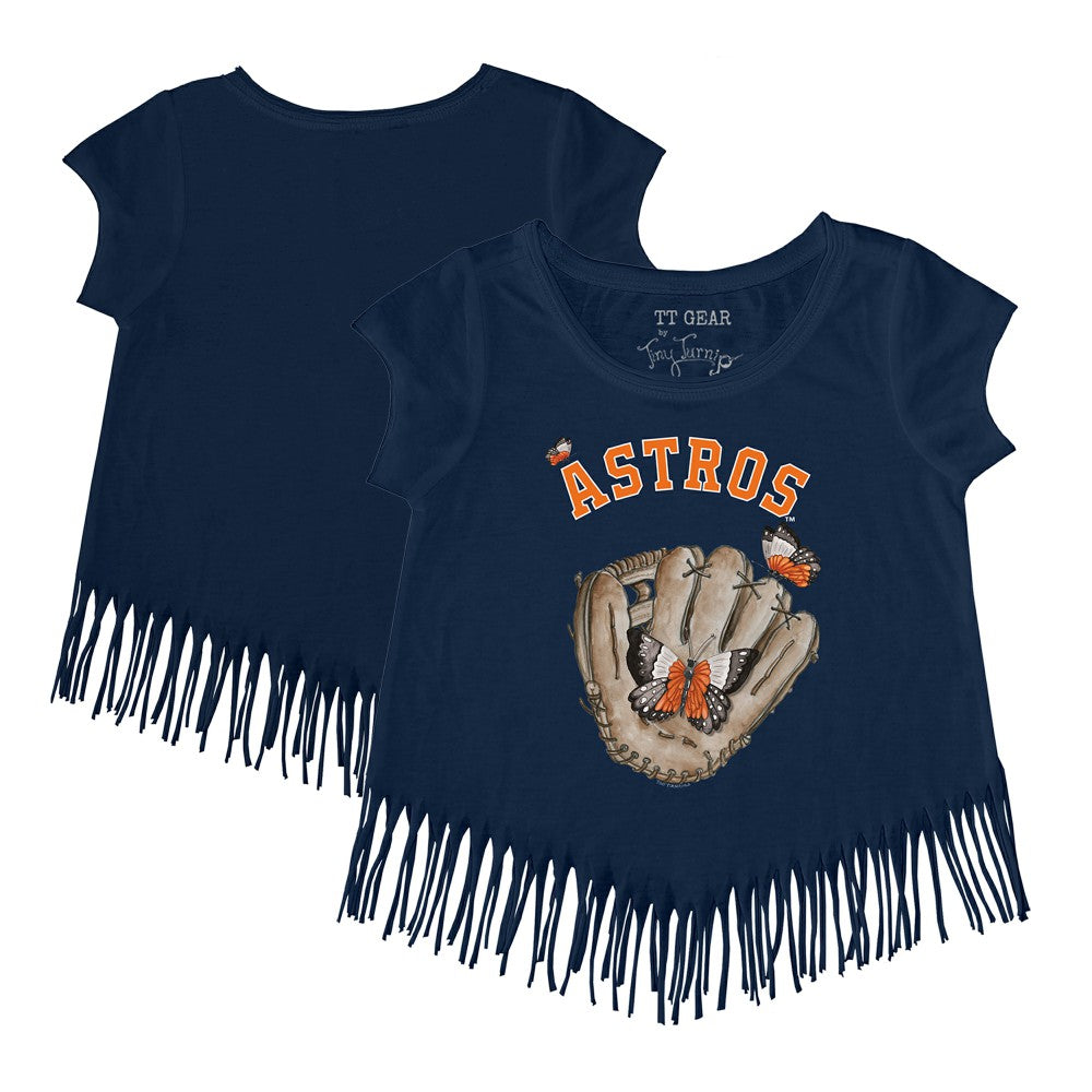 Houston Astros Tiny Turnip Girls Youth Butterfly Glove Fringe T-Shirt - Navy T-shirts
