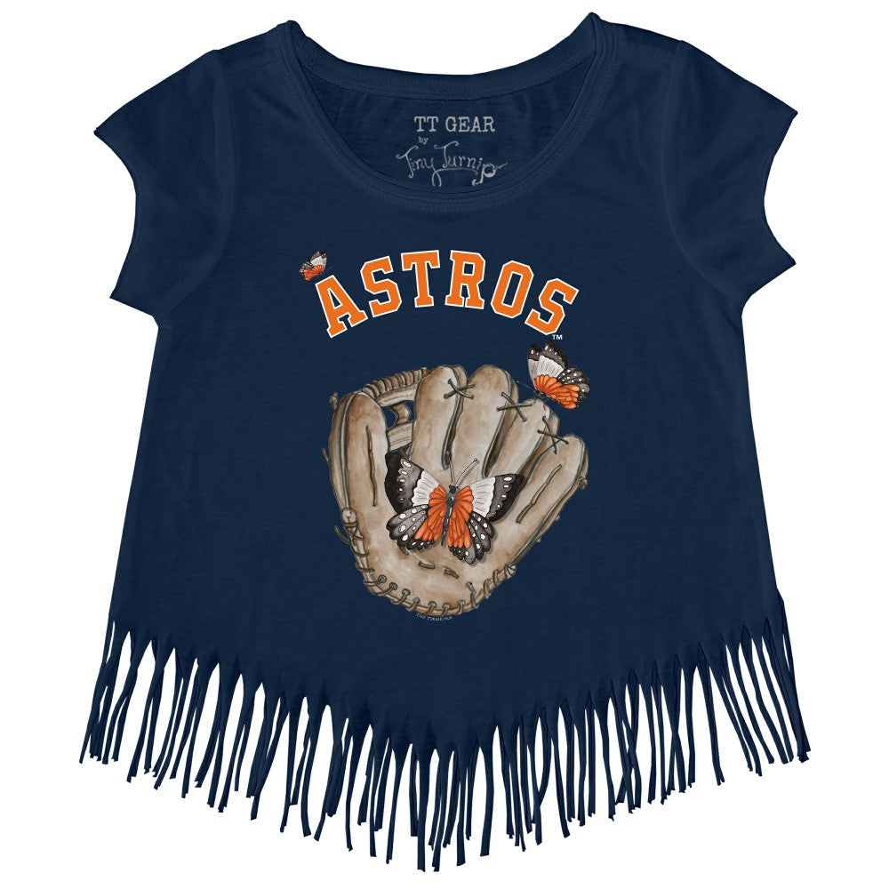 Houston Astros Tiny Turnip Girls Youth Butterfly Glove Fringe T-Shirt - Navy T-shirts