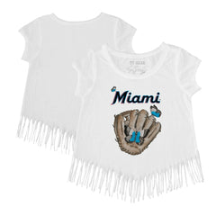 Miami Marlins Tiny Turnip Girls Youth Butterfly Glove Fringe T-Shirt - White T-shirts