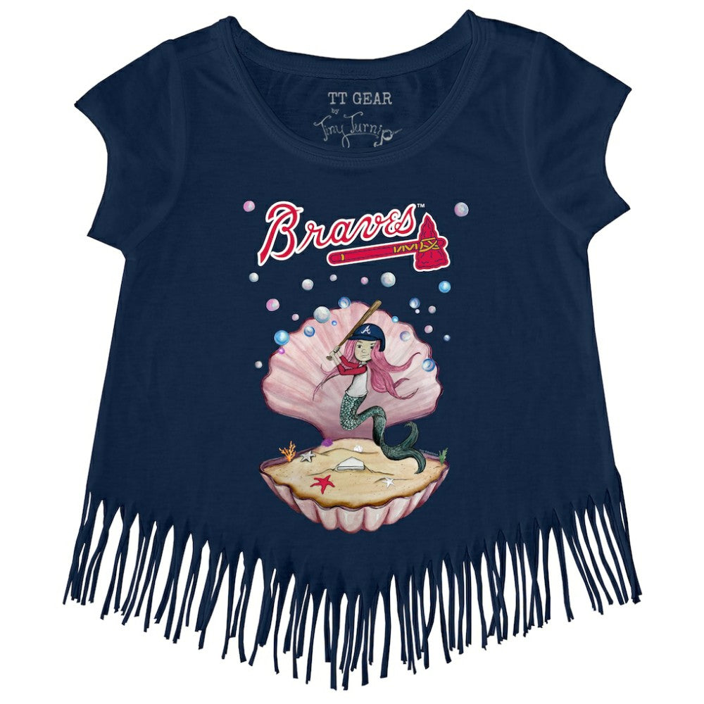 Atlanta Braves Tiny Turnip Girls Youth Mermaid Fringe T-Shirt - Navy T-shirts