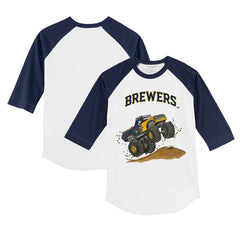Milwaukee Brewers Tiny Turnip Youth Monster Truck 3/4-Sleeve Raglan T-Shirt - White/Navy T-shirts