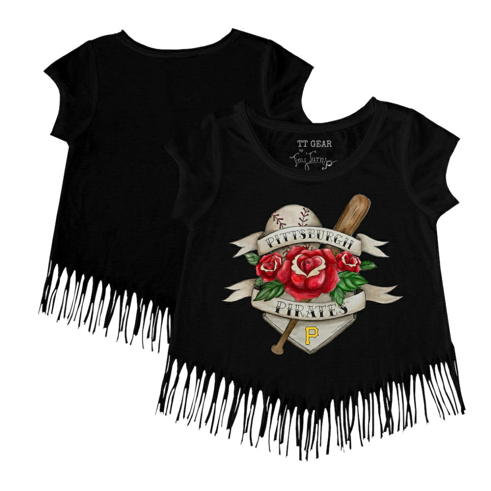 Pittsburgh Pirates Tiny Turnip Girls Youth Tattoo Rose Fringe T-Shirt - Black T-shirts