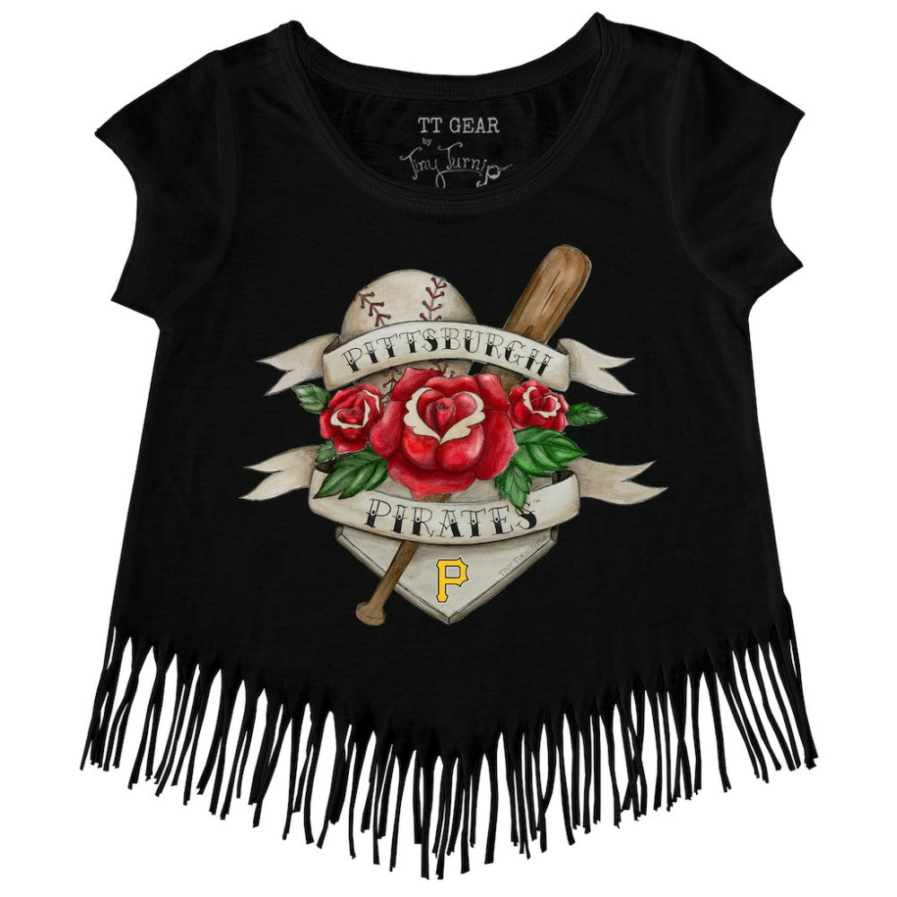 Pittsburgh Pirates Tiny Turnip Girls Youth Tattoo Rose Fringe T-Shirt - Black T-shirts