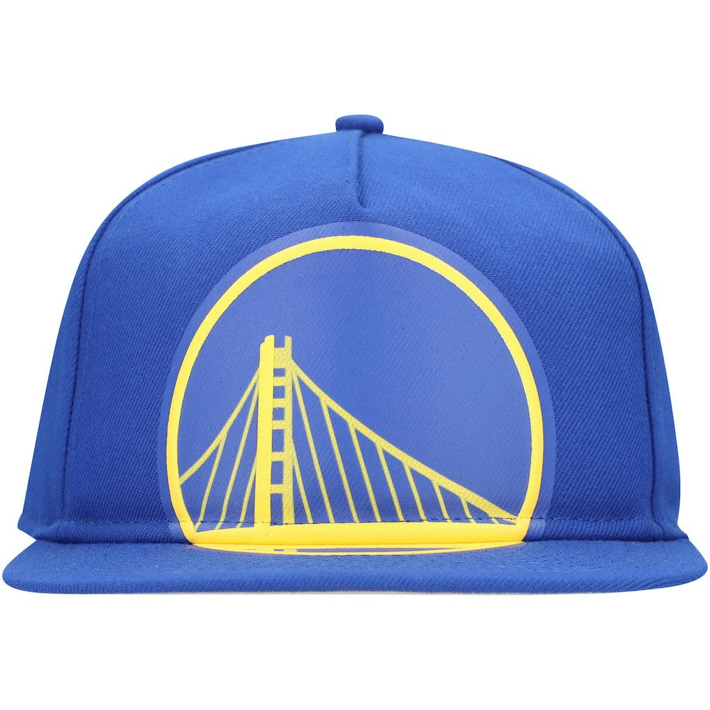 Golden State Warriors Oversized Puff Print Logo Golfer Snapback Hat Royal - New Era