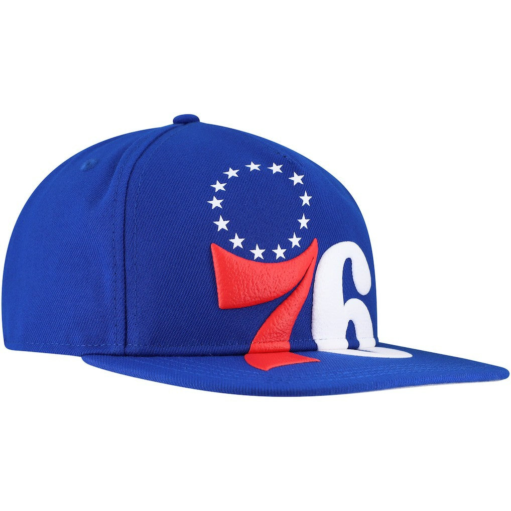 Philadelphia 76ers Oversized Puff Print Logo Golfer Snapback Hat Royal - New Era