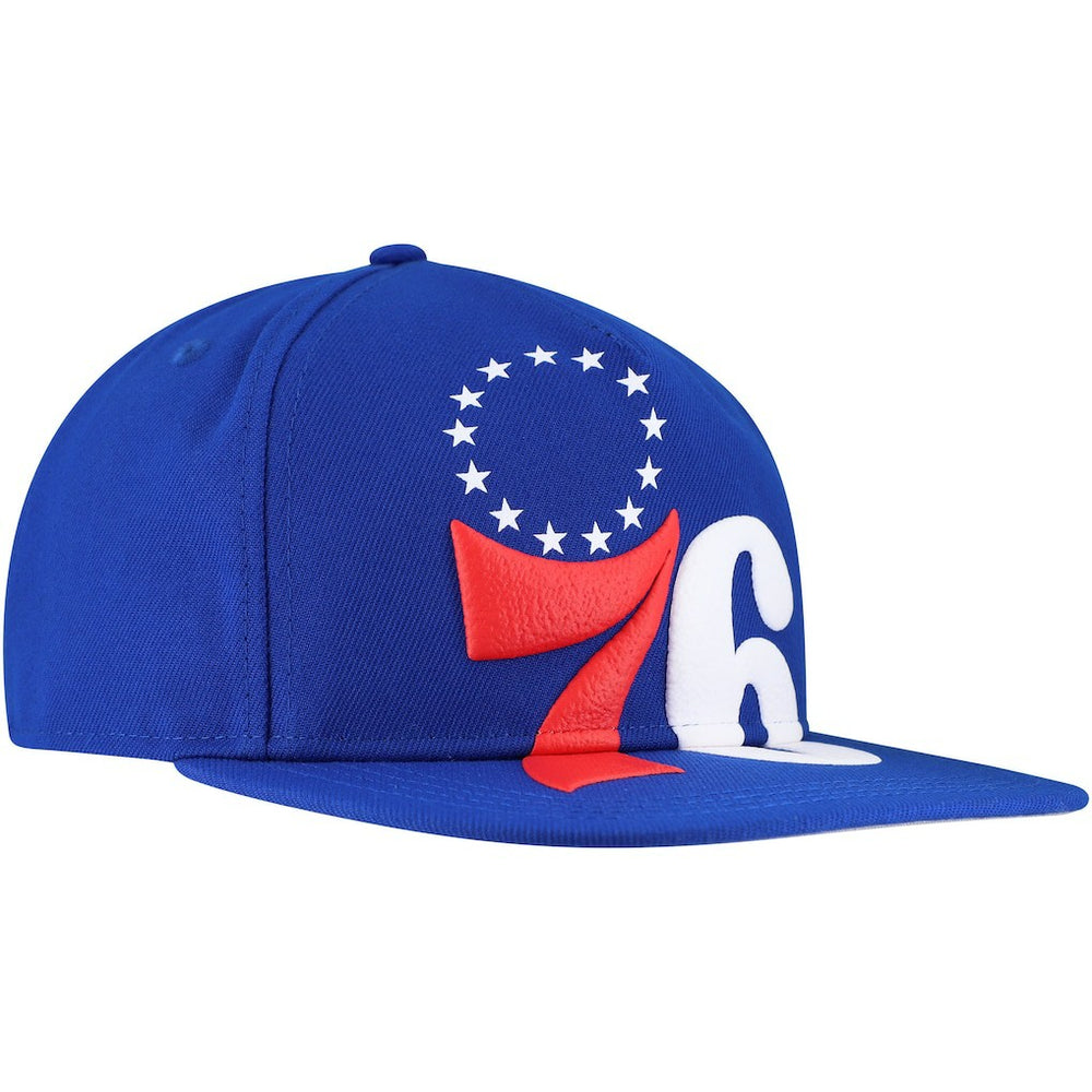 Philadelphia 76ers Oversized Puff Print Logo Golfer Snapback Hat Royal - New Era