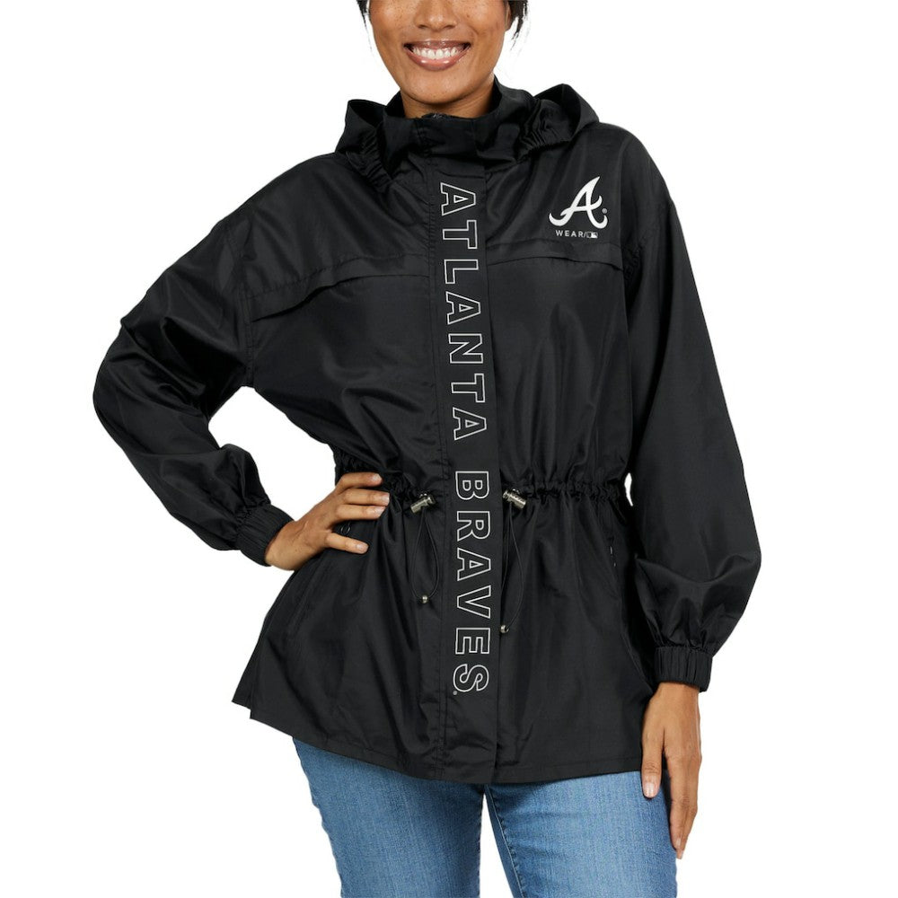 Atlanta Braves WEAR by Erin Andrews Women's Full-Zip Windbreaker Hoodie Jacket - Black Jackets