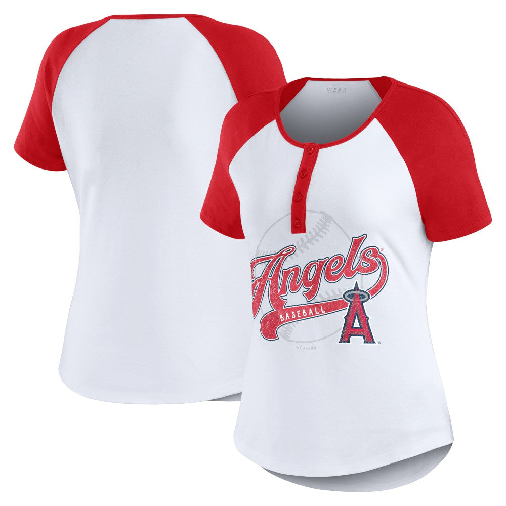 Los Angeles Angels WEAR by Erin Andrews Women's Fitted Henley Raglan T-Shirt - White/Red T-shirts