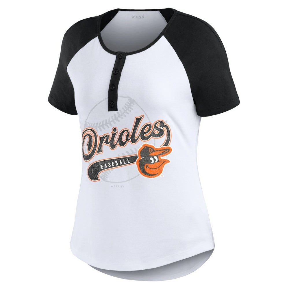 Baltimore Orioles WEAR by Erin Andrews Women's Fitted Henley Raglan T-Shirt - White/Black T-shirts