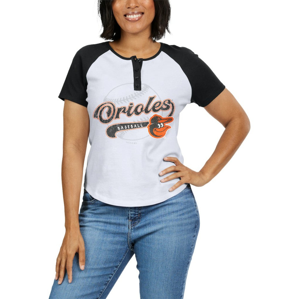 Baltimore Orioles WEAR by Erin Andrews Women's Fitted Henley Raglan T-Shirt - White/Black T-shirts