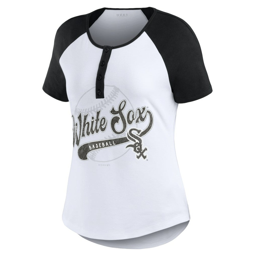 Chicago White Sox WEAR by Erin Andrews Women's Fitted Henley Raglan T-Shirt - White/Black T-shirts