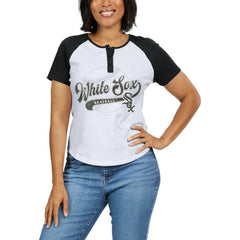 Chicago White Sox WEAR by Erin Andrews Women's Fitted Henley Raglan T-Shirt - White/Black T-shirts