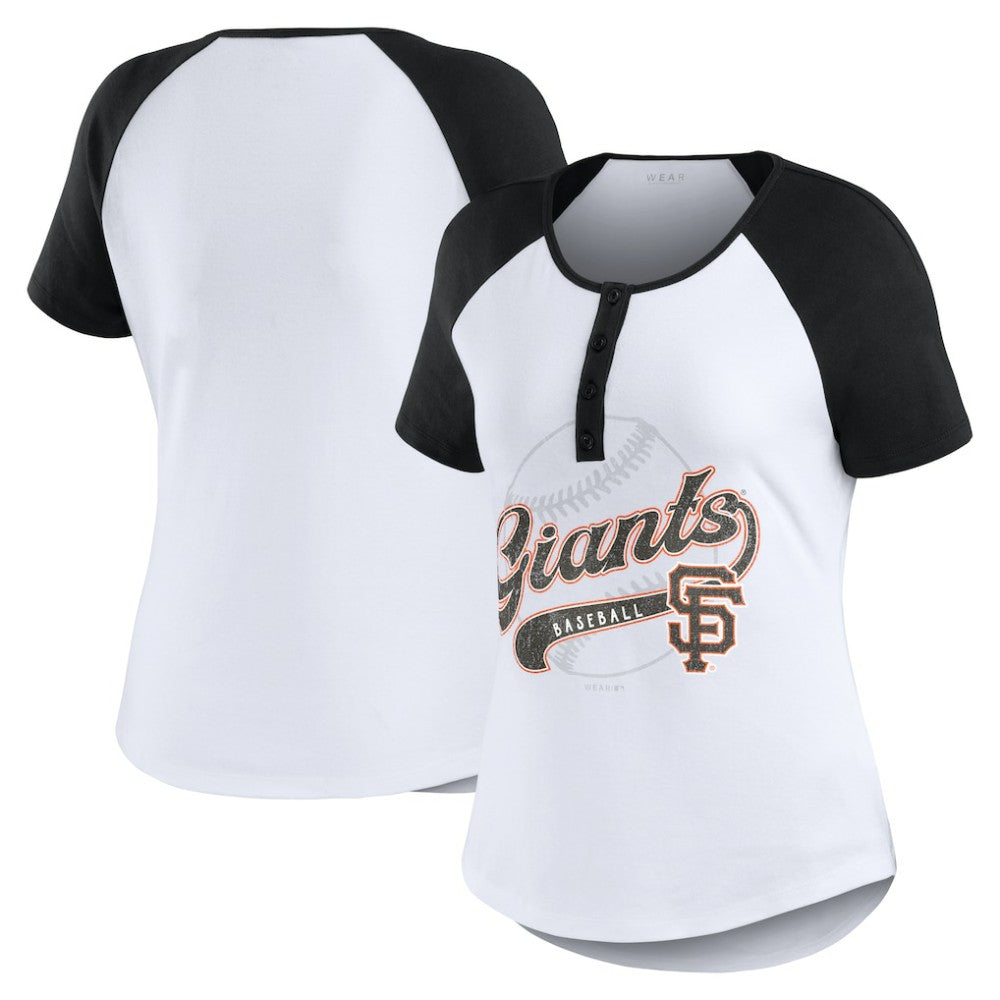 San Francisco Giants WEAR by Erin Andrews Women's Fitted Henley Raglan T-Shirt - White/Black T-shirts