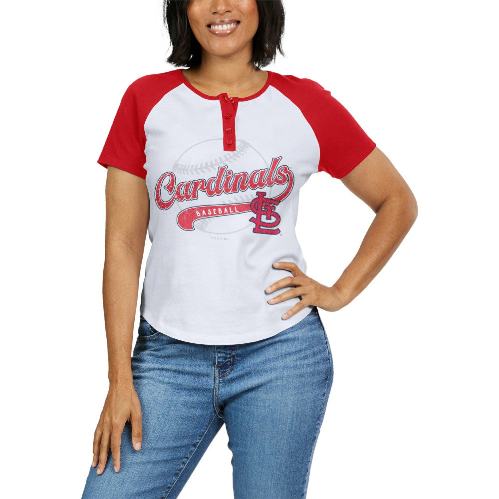 St. Louis Cardinals WEAR by Erin Andrews Women's Fitted Henley Raglan T-Shirt - White/Red T-shirts