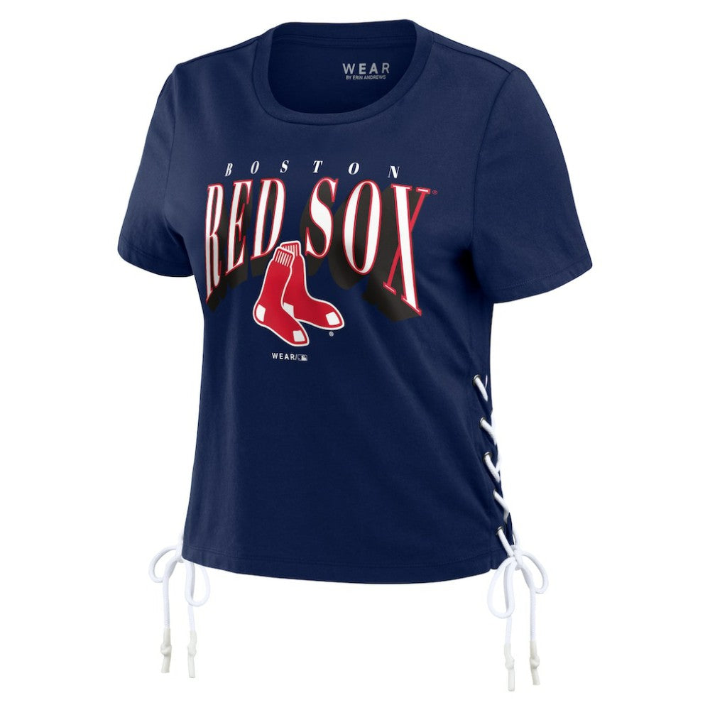 Boston Red Sox WEAR by Erin Andrews Women's Side Lace-Up Cropped T-Shirt - Navy T-shirts