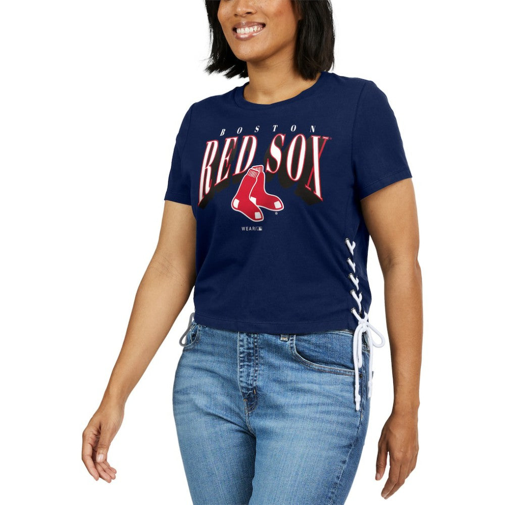 Boston Red Sox WEAR by Erin Andrews Women's Side Lace-Up Cropped T-Shirt - Navy T-shirts