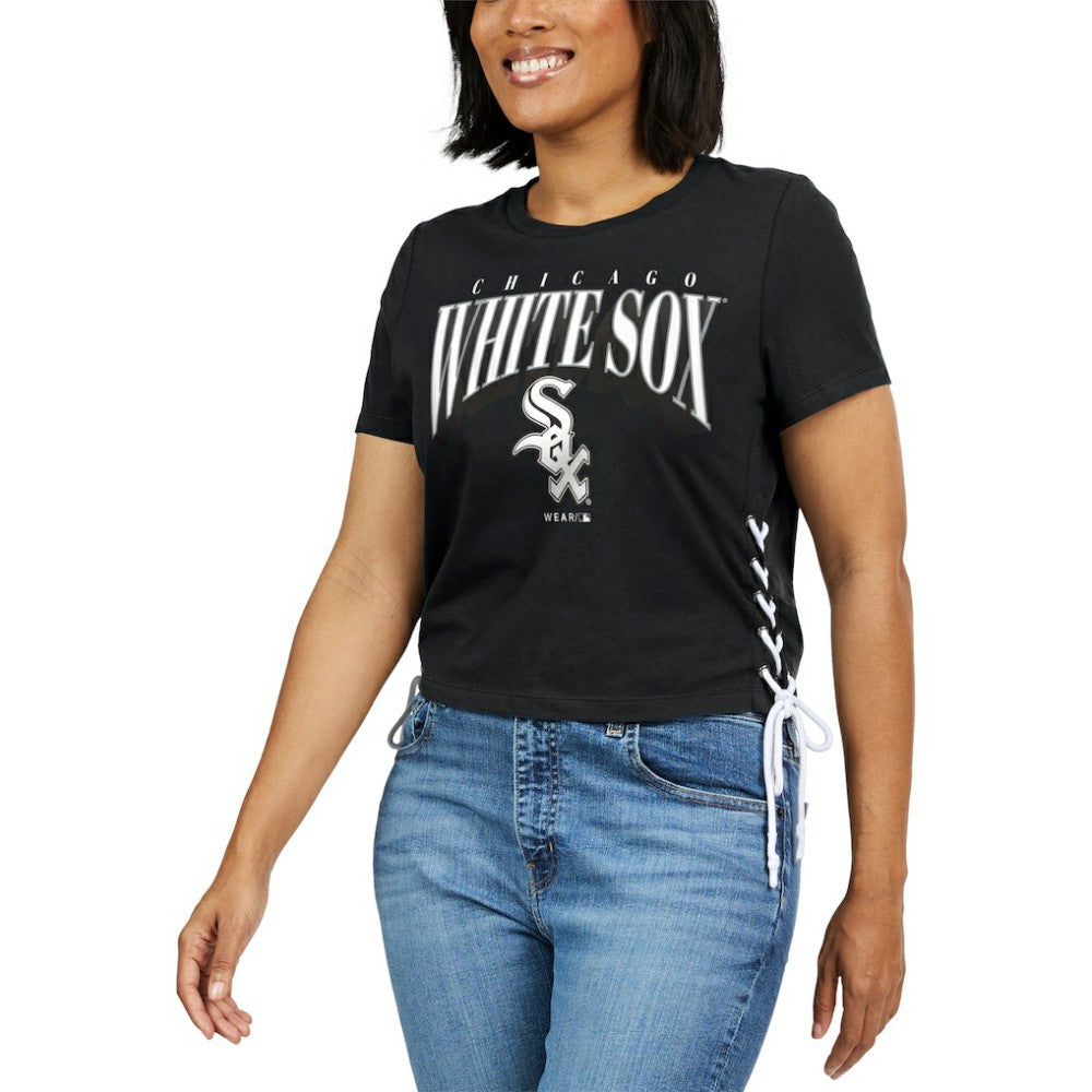Chicago White Sox WEAR by Erin Andrews Women's Side Lace-Up Cropped T-Shirt - Black T-shirts