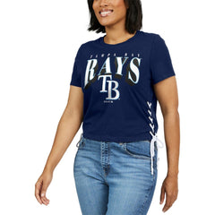 Tampa Bay Rays WEAR by Erin Andrews Women's Side Lace-Up Cropped T-Shirt - Navy T-shirts