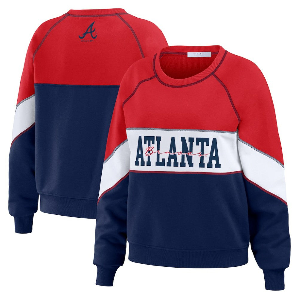 Atlanta Braves WEAR by Erin Andrews Women's Color Block Crew Neck Pullover Sweatshirt - Red/Navy Pullover