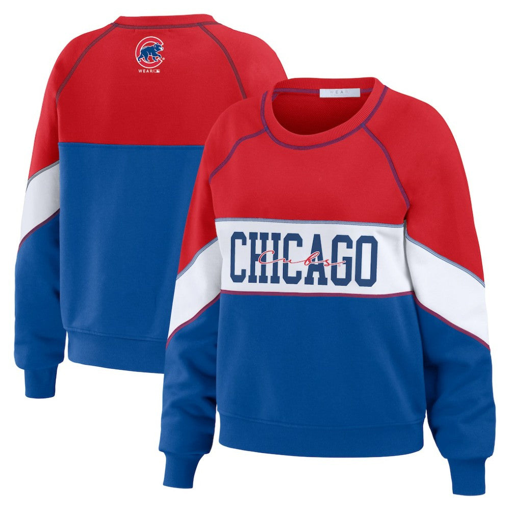 Chicago Cubs WEAR by Erin Andrews Women's Color Block Crew Neck Pullover Sweatshirt - Red/Royal Pullover