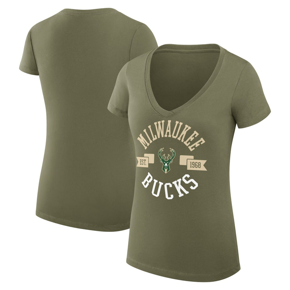 Milwaukee Bucks G-III 4Her by Carl Banks Women's Super-Slim Fit Lightweight Large City Logo V-Neck T-Shirt Olive outlet