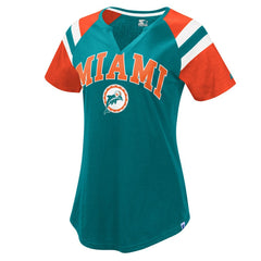 Miami Dolphins Starter Women's Game On Notch Neck Raglan T-Shirt - Aqua/Orange T-shirts