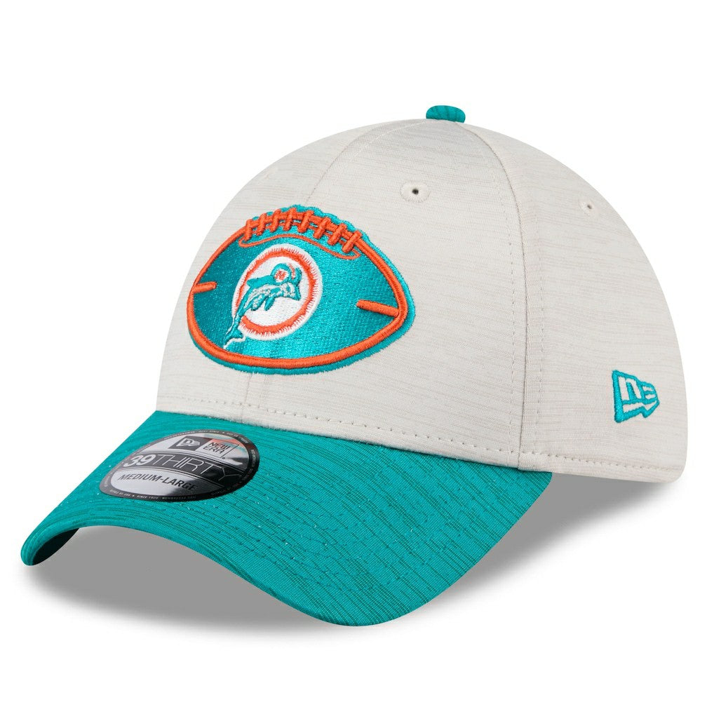 Miami Dolphins New Era 2024 Sideline Historic 39THIRTY Flex Hat - Stone/Aqua Hats