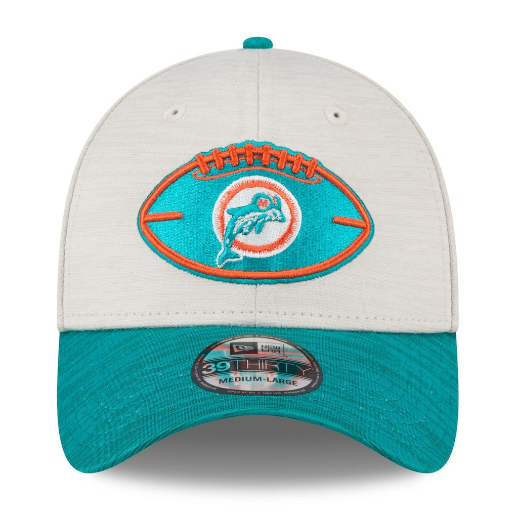 Miami Dolphins New Era 2024 Sideline Historic 39THIRTY Flex Hat - Stone/Aqua Hats