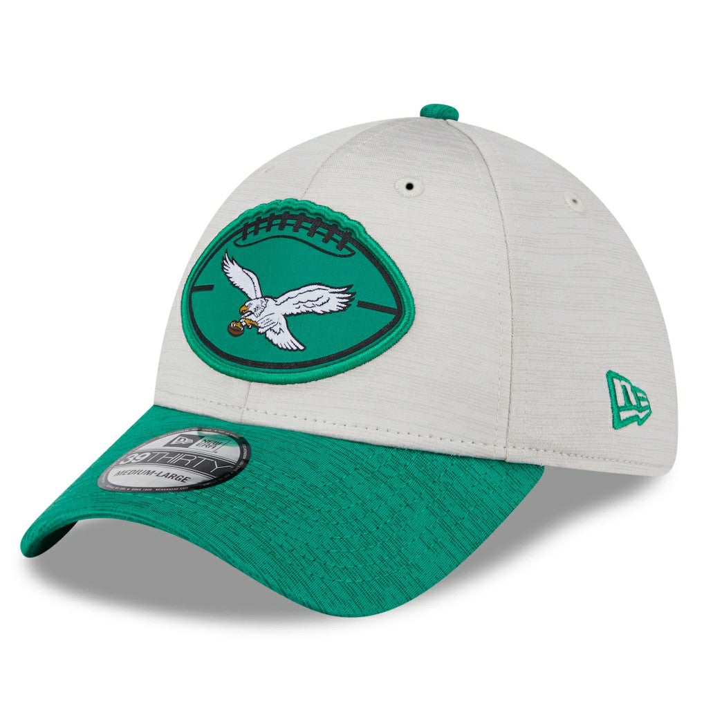 Philadelphia Eagles New Era 2024 Sideline Historic 39THIRTY Flex Hat - Stone/Midnight Green Hats