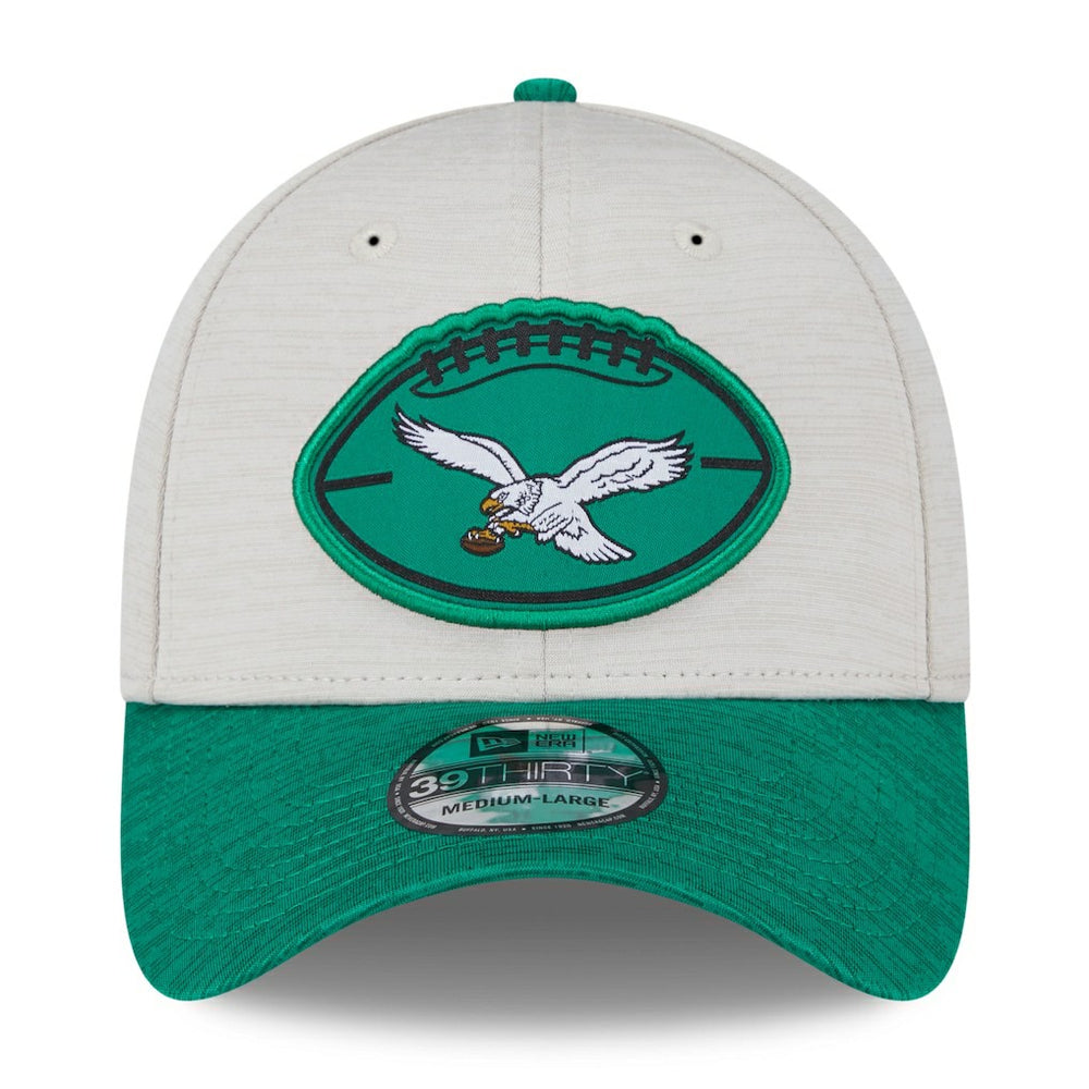 Philadelphia Eagles New Era 2024 Sideline Historic 39THIRTY Flex Hat - Stone/Midnight Green Hats