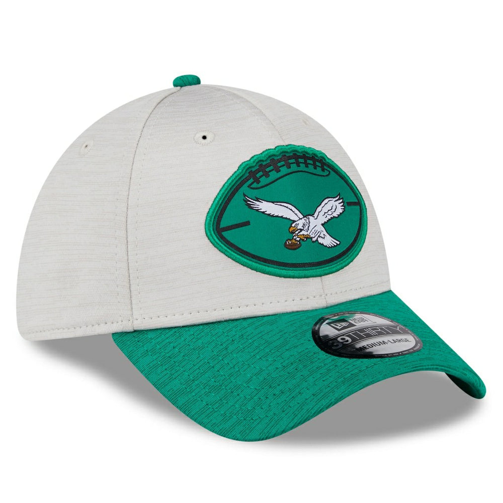 Philadelphia Eagles New Era 2024 Sideline Historic 39THIRTY Flex Hat - Stone/Midnight Green Hats