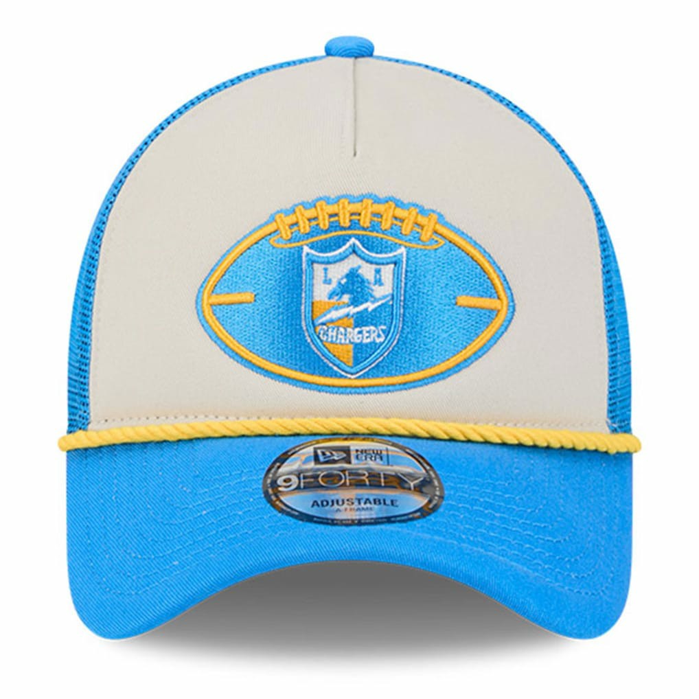 Los Angeles Chargers New Era 2024 Sideline Historic 9FORTY A-Frame Trucker Adjustable Hat - Stone/Powder Blue Hats