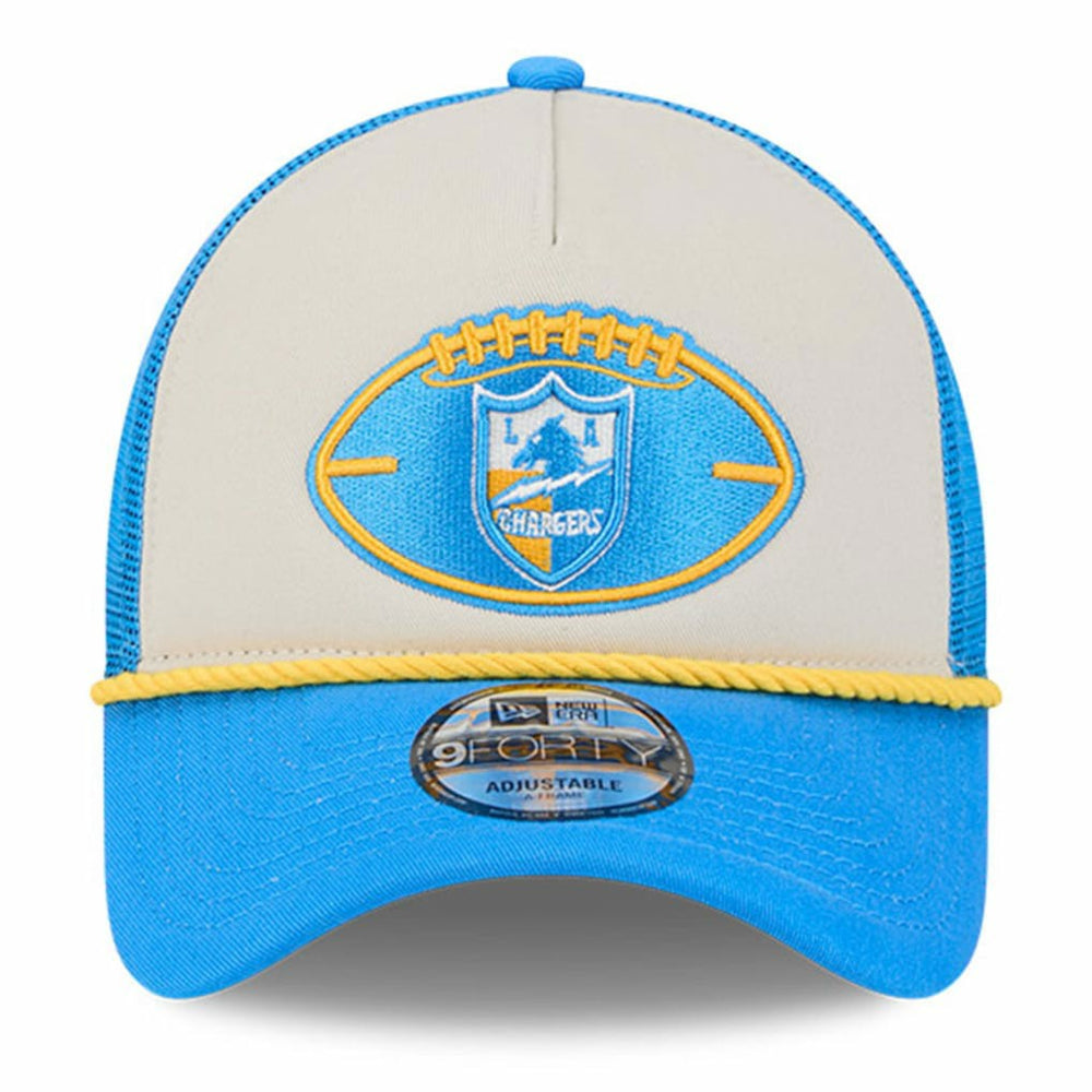 Los Angeles Chargers New Era 2024 Sideline Historic 9FORTY A-Frame Trucker Adjustable Hat - Stone/Powder Blue Hats