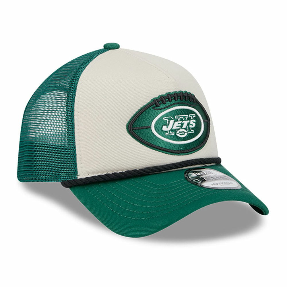 New York Jets New Era 2024 Sideline Historic 9FORTY A-Frame Trucker Adjustable Hat - Stone/Green Hats