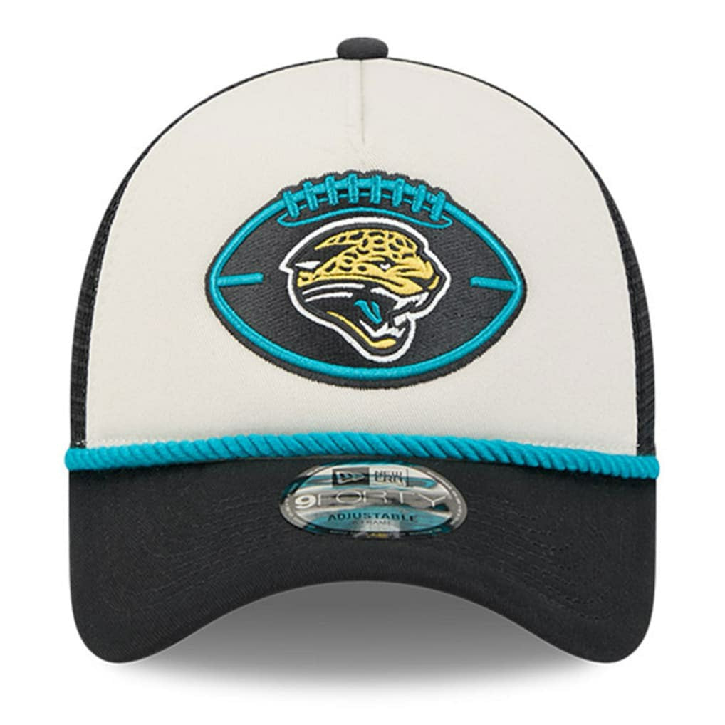 Jacksonville Jaguars New Era 2024 Sideline Historic 9FORTY A-Frame Trucker Adjustable Hat - Stone/Black Hats