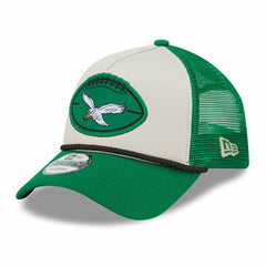 Philadelphia Eagles New Era 2024 Sideline Historic 9FORTY A-Frame Trucker Adjustable Hat - Stone/Kelly Green Hats