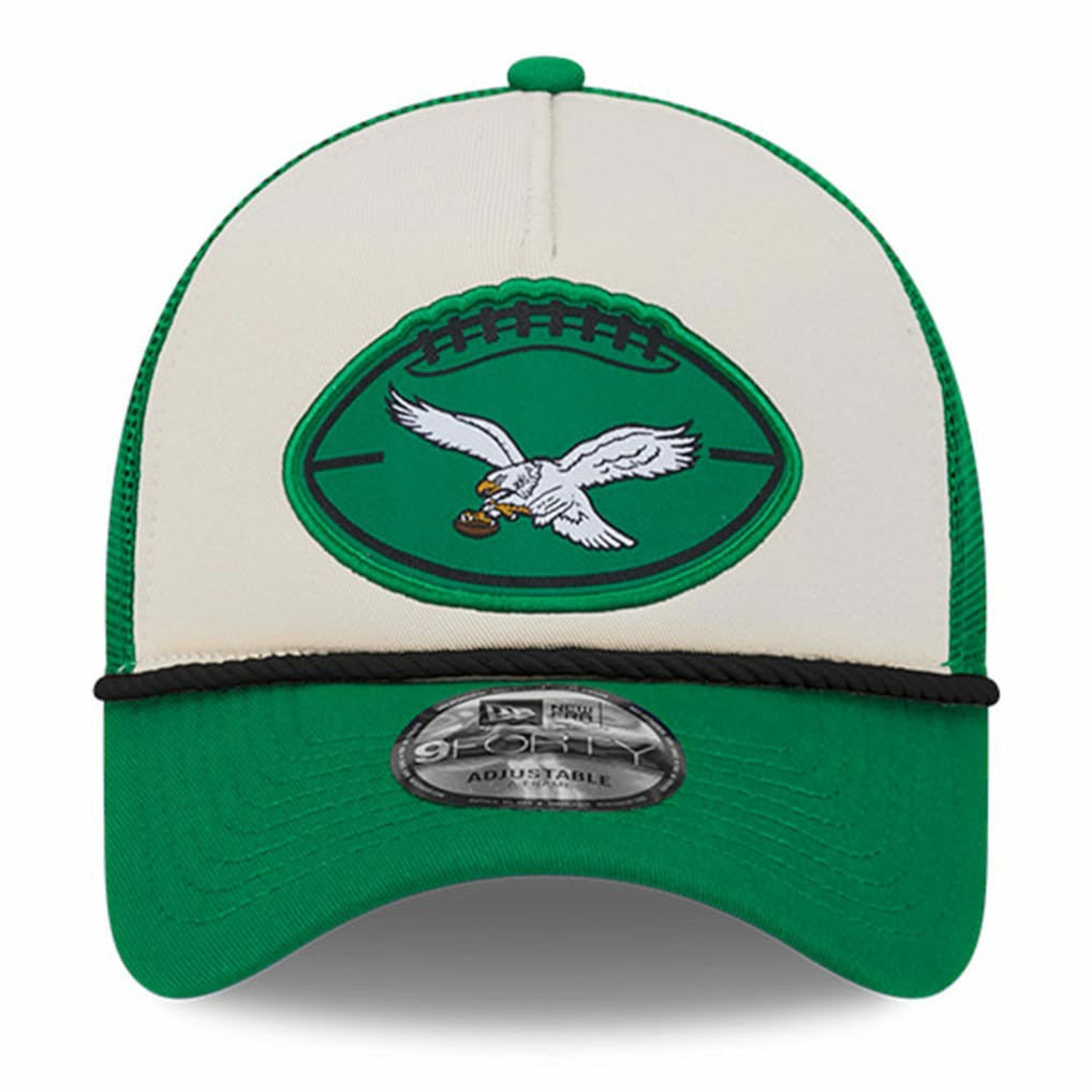 Philadelphia Eagles New Era 2024 Sideline Historic 9FORTY A-Frame Trucker Adjustable Hat - Stone/Kelly Green Hats