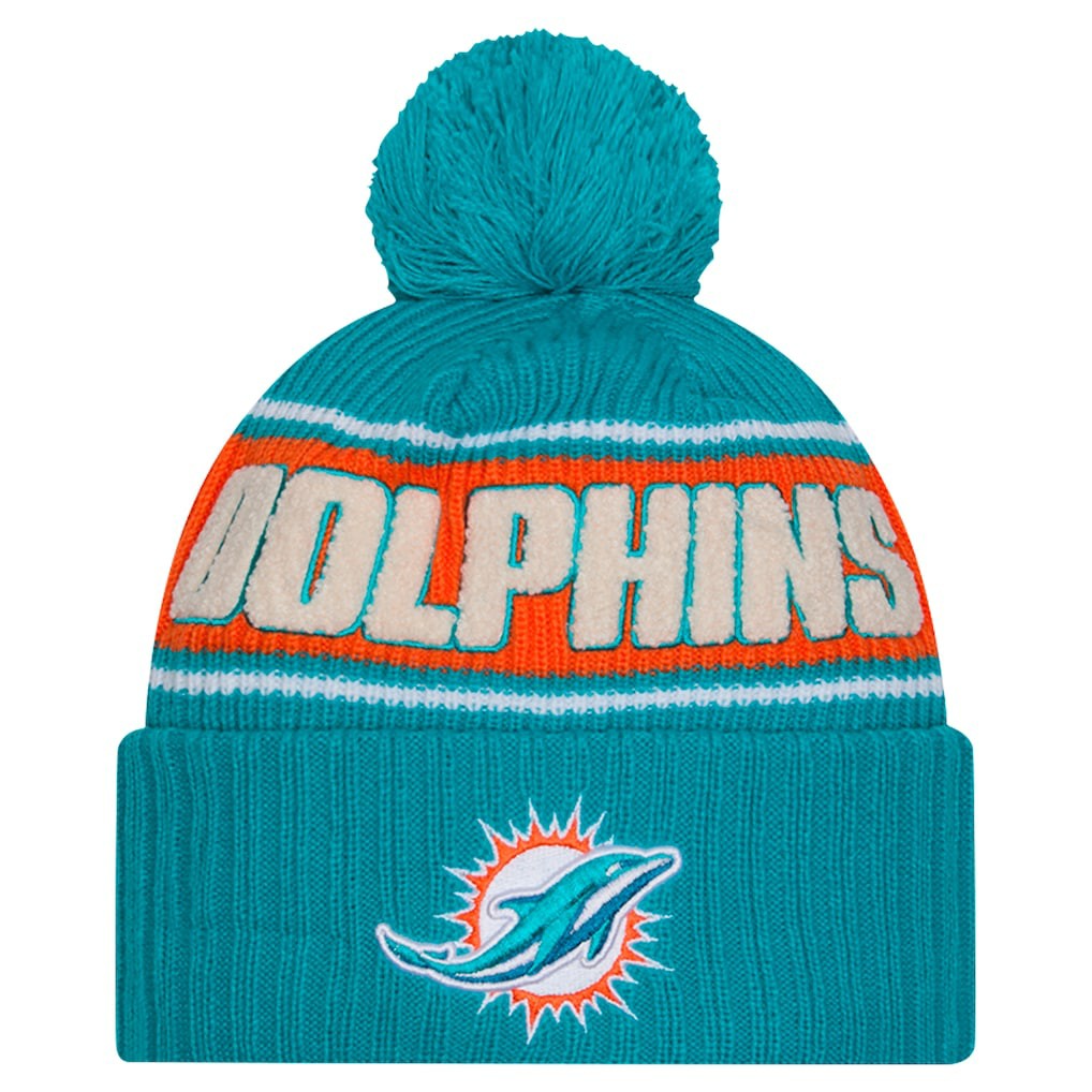 Miami Dolphins New Era 2024 Sideline Cuffed Knit Hat with Pom - Aqua Hats