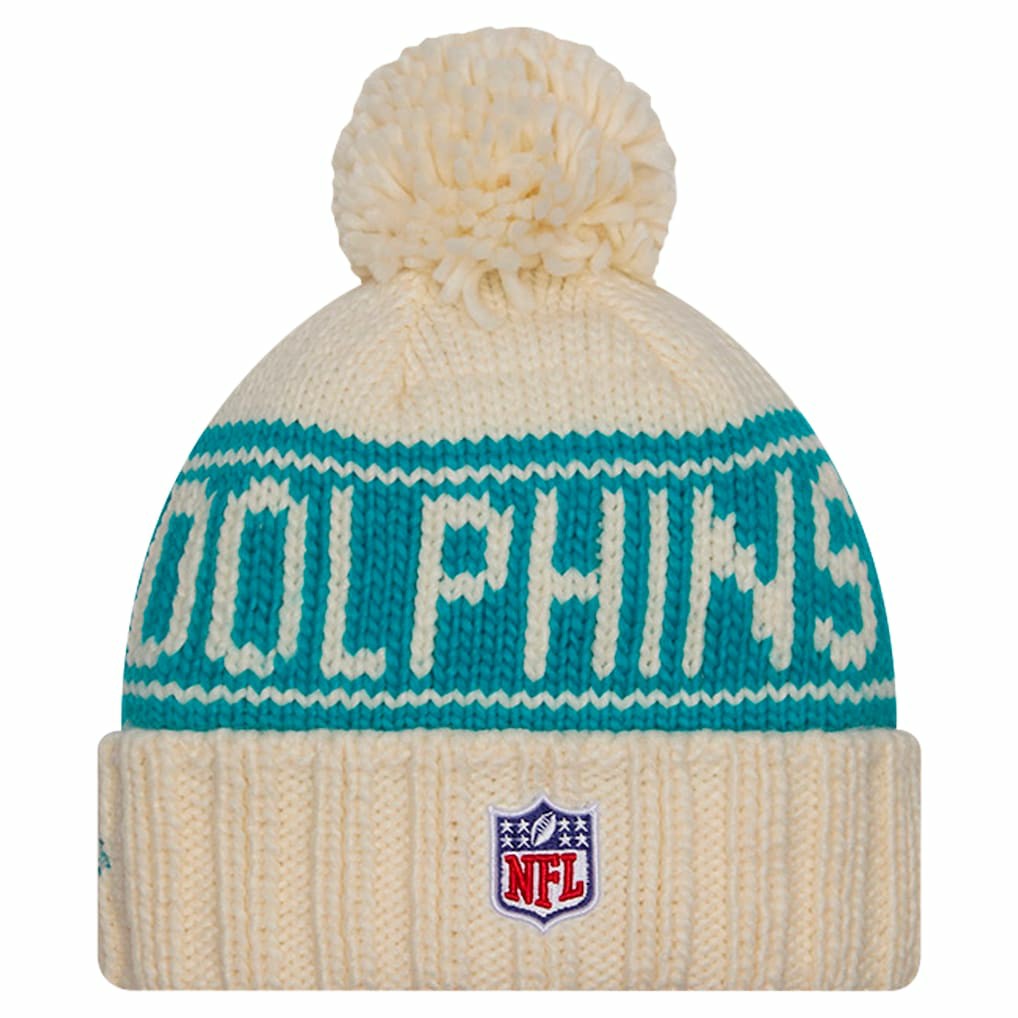 Miami Dolphins New Era Women's 2024 Sideline Cuffed Knit Hat with Pom - Cream Hats